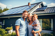 Portrait of a happy family in the garden of their house equipped with solar panels