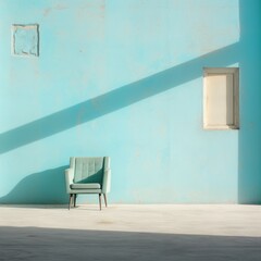 Poster -  a chair sitting in front of a blue wall with a shadow of a window on the wall and a small window on the side of the wall above the chair.