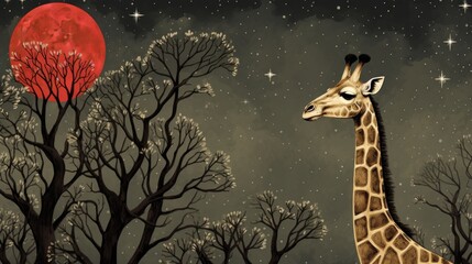 Poster -  a painting of a giraffe standing in front of a tree with a red moon in the sky above it and stars in the night sky above the trees.