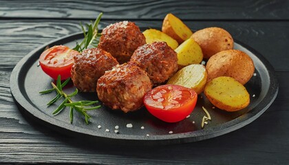 Wall Mural - With grilled meatballs, tomatoes and potatoes. black wooden background