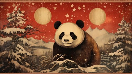 Poster -  a painting of a panda bear standing in a snowy forest with a red sky and stars in the background, with a full moon and snow - covered mountain scene in the foreground.