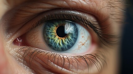 Poster -  a close up of a person's eye with a blue and yellow eyeball in the center of the iris of the eye and the iris of the eye.