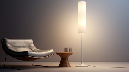 Poster -  a modern living room with a chair and a lamp on the floor and a table with a lamp on it and a side table with a vase with a candle on it.