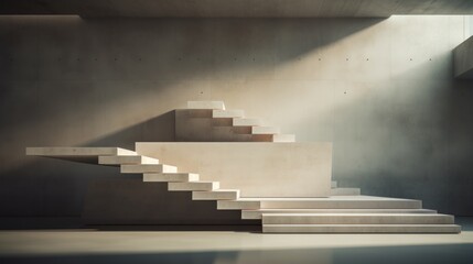 Wall Mural -  a set of white stairs leading up to a room with a concrete wall and light coming in from a window on the side of the wall and a concrete floor.