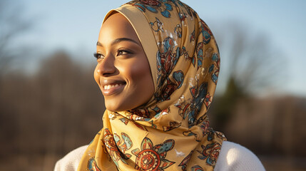 A profile portrait of a woman wearing a colorful hijab, reflecting the diversity of styles and expressions found in Eastern fashion.