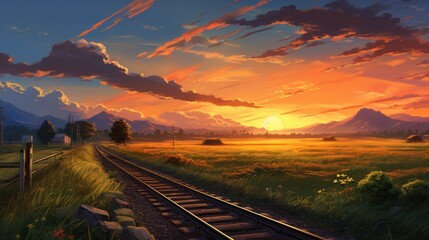 Sticker -  a painting of a sunset with a train track in the foreground and a field of grass in the foreground, with mountains in the distance, and clouds in the background.