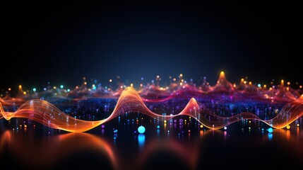 Canvas Print -  a colorful wave of light on a black background with a blurry image of a city in the foreground and a blurry image of a city in the background.