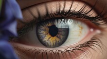  A Close Up Of A Person's Eye With A Blue And Yellow Iris In The Center Of The Iris And A Blue And Yellow Iris In The Middle Of The Iris Of The Iris Of The Eye.
