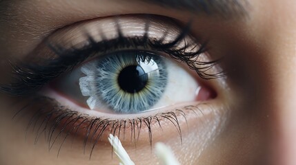 Sticker -  a close up of a person's eye with a toothbrush in it's right hand and a toothbrush in the other hand in front of the eye.