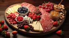 A carefully arranged charcuterie board with heart-shaped cheese and berries, creating a romantic and delicious Valentine's Day gift, captured in realistic HD