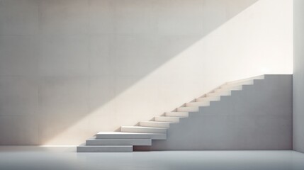 Poster -  a set of white stairs leading up to a white wall with a light coming in from the top of one of them and a light coming from the bottom of the stairs.