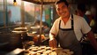 An adult Hispanic man smiles while standing behind a counter with baked goods at an evening street market.