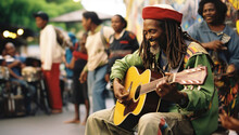 An adult Black man with dreadlocks in a red hat plays an acoustic guitar at a street music event.