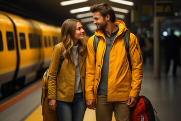 Poster - Man and woman are standing in subway station.