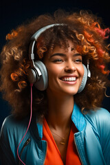 Poster - Woman with headphones smiling and wearing blue shirt.