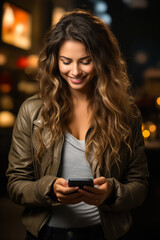 Sticker - Woman smiling while looking at her cell phone in dark room.