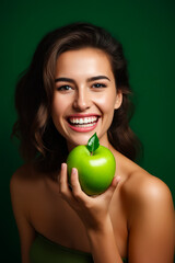 Poster - Woman holding apple with leaf on it.