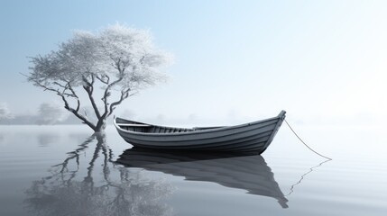 Poster -  a boat sitting on top of a lake next to a tree in the middle of a foggy day with a lone tree in the middle of the water and a single boat in the foreground.