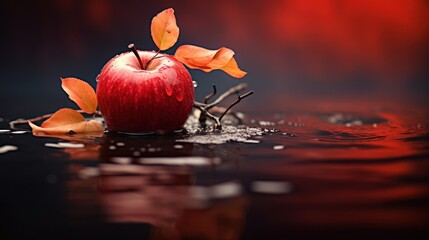 Sticker -  a red apple sitting on top of a body of water next to a leafy branch with a flower on it's end and water droplets on the surface.