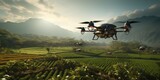 Fototapeta Niebo - Dron przemysłowy badający stan roślin uprawnych i terenów rolniczych 