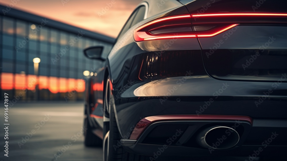Auto Rear Profiles A panoramic view of a black luxury car's rear profile in a dealership ...