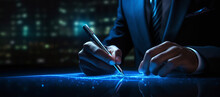 A Close-up Image Of A Hand Signing Documents. A Person Wearing A Suit Has An Image Of A Hand And A Pen. Electronic Signature. Space For Text