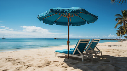  Sunny beach with colored umbrella and chaise-sun lounger on a clean sand. Tropical landscape, picture of a paradise