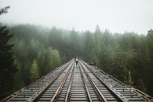 Misty Forest Railroad Bridge With A Lone Woman Walking