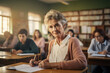 Senior woman smiling in a classroom. Ability to learn, remember, and solve problems. Slows down with age.