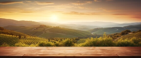 empty wooden table with a view of the early morning sun over a tuscan vineyard