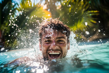 Man's Joyful Swim In Sunlit Pool. Generative AI