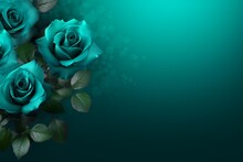 Aqua Roses Flower Border Over A Forest Green Background With Copy Space. Copy Space.