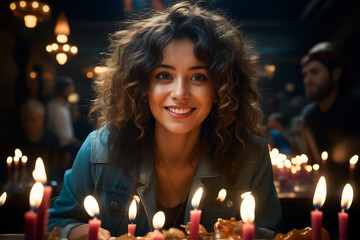 Sticker - Woman sitting in front of cake with candles on it.