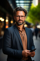 Poster - Man in suit and glasses holding cell phone in his hand.