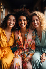 Wall Mural - Three women sitting next to each other smiling at the camera,.