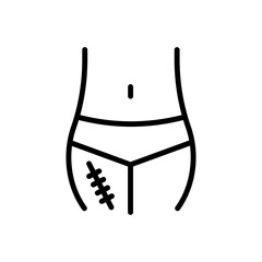 Wall Mural - Scar Removal icon. injury or female birthmark on belly removal symbol. scar on body due to surgery treatment while pregnancy stitch vector. cesarean abdominal operation skin scar recovery line logo