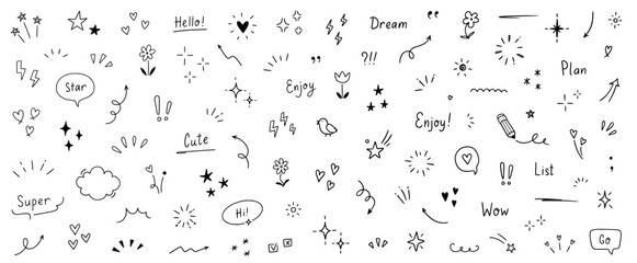 Aufkleber - Doodle cute star, heart, arrow pen line elements. Doodle heart, emphasis, star, sparkle decoration symbol set icon. Simple sketch line style text decoration, emphasis elements. Vector illustration