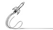 One continuous line drawing of simple retro spacecraft flying up to the outer space nebula.