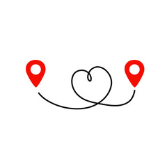 Black route tracking icon. Simple 2 pins path. Searching global mobile GPS navigation. Line distance illustration isolated on white