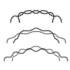 Thorn branch or vine. Element of tattoo with spike. Natural intertwined pattern. Black illustration isolated on white