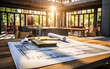 Architectural blueprints on a table with sunlight streaming through windows in a home under renovation with visible kitchen