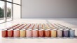 the process of choosing paint for house renovation, featuring tiny sample paint cans in the Color of the Year 2024, Peach Fuzz, color charts in the background, the decision-making process.