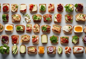 Wall Mural - Delicious sandwiches with various ingredients isolated top view