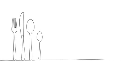 Wall Mural - One line continuous cutlery. Line art fork, knife, spoon outline. Hand drawn vector art.