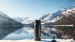 a thermo mug, thermos standing on a rock amidst mountains and a lake on a sunny day, a minimalist modern style to highlight the serenity and simplicity of the hiking scene.