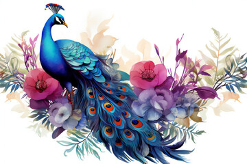 Wall Mural - Blue peacock feather on a white background with flowers illustration.