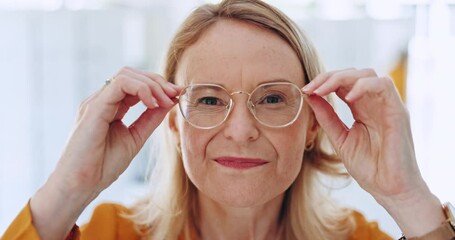 Canvas Print - Optometry, glasses and face of senior woman in a clinic for vision, eye care or health with positive attitude. Happy, smile and portrait of female person from Sweden with spectacles in optical store.