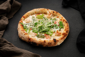 Canvas Print - Pizza with shrimp, mozzarella cheese, green salad leaves