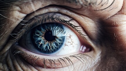 Poster -  a close up of a person's eye with a blue eyeball in the center of the iris of the eye and a black eyeball in the middle of the iris of the eye.