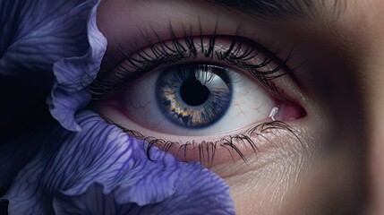 Wall Mural -  a close up of a person's eye with a purple flower in the foreground and a blue iris in the middle of the iris in the foreground.